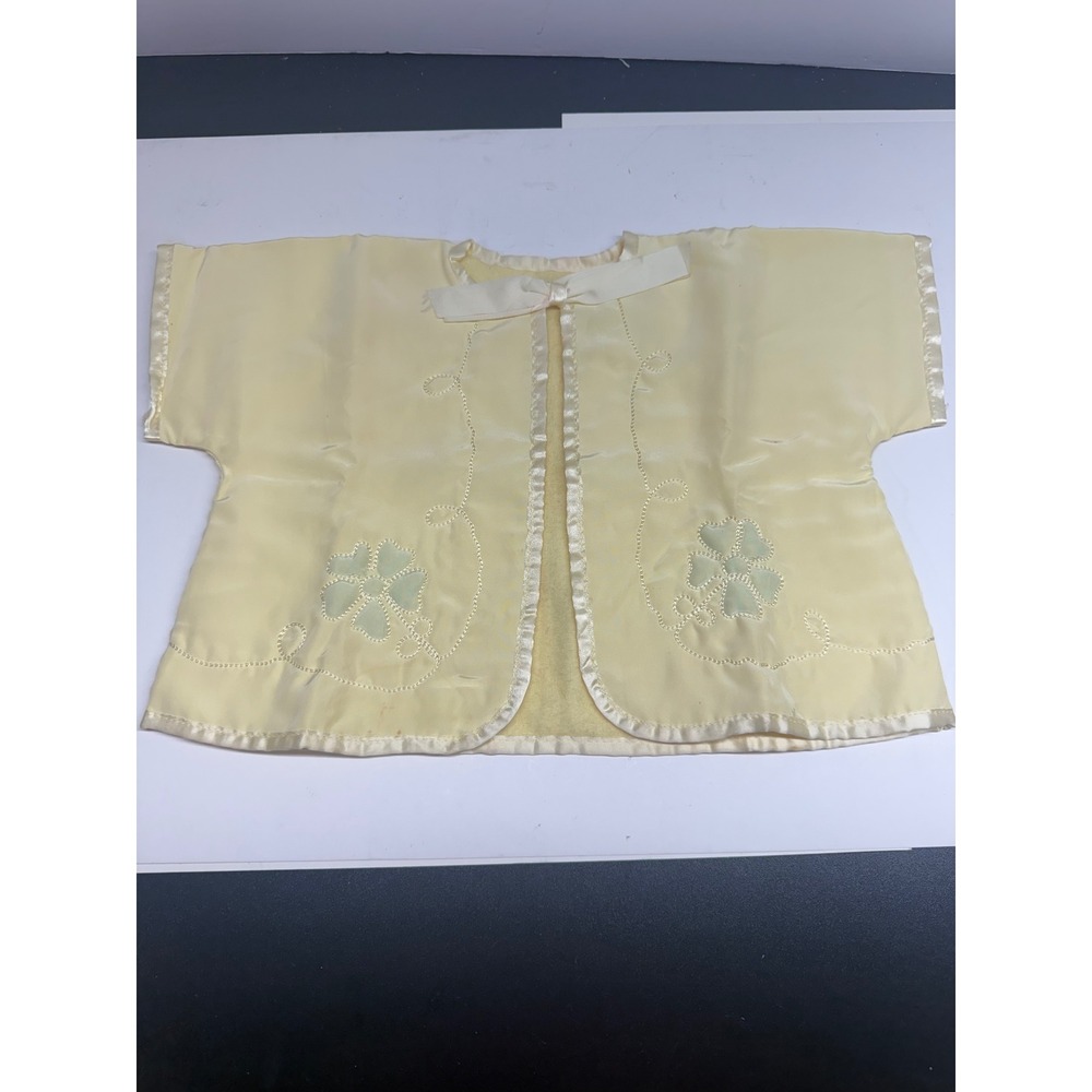 Vintage Yellow Satin Baby Bed Jacket Floral Embroidery Flannel Lined Shrug
